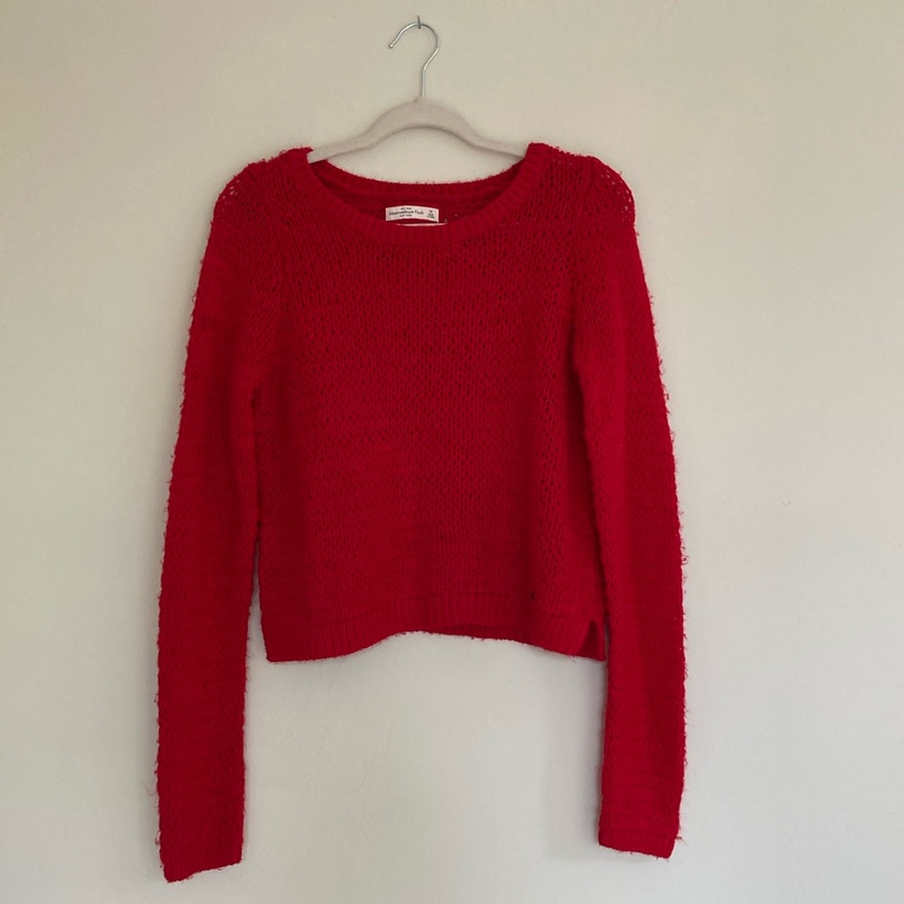 Red Cropped Knit Crewneck Sweater